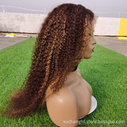 Highlight Honey Brown Color Kinky Curly Human Hair Lace Front Wig Virgin Brazilian Hair Highlight Wig Transparent HD Frontal Wig
